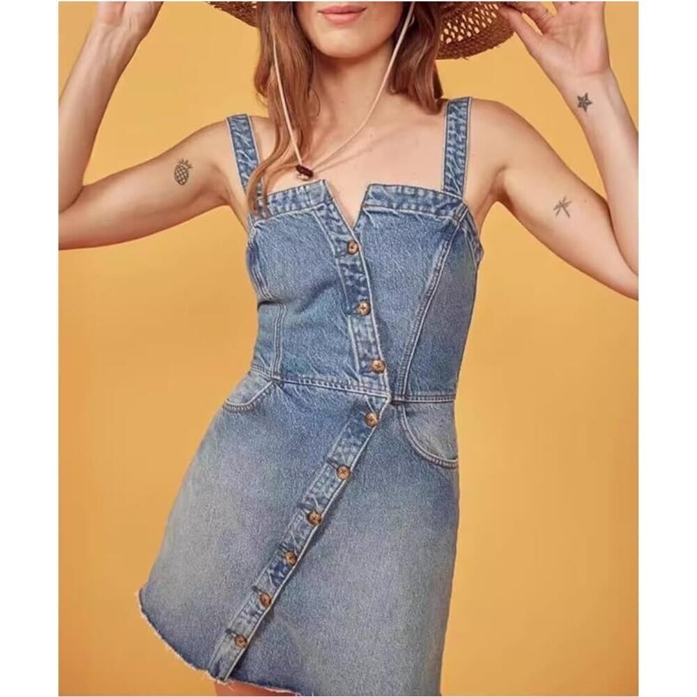 Reformation‎ Jeans Gabriela Blue Asymmetrical Button Mini Denim Dress Size 12